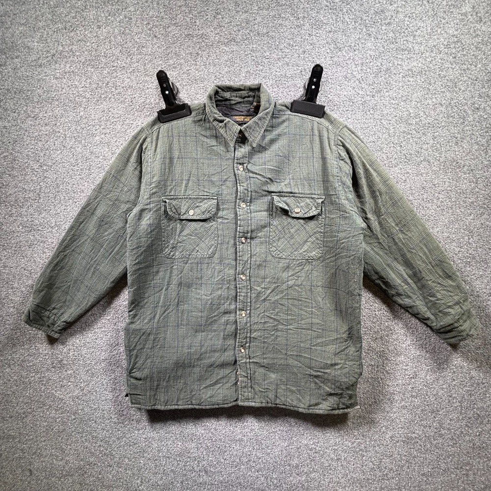 Chesterfield Flannel Shirt Jacket Mens L Green Plaid Button Front Quilted Lining